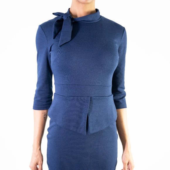 Navy Blue Neck Bow and Flare Dress - Picture 1 of 5